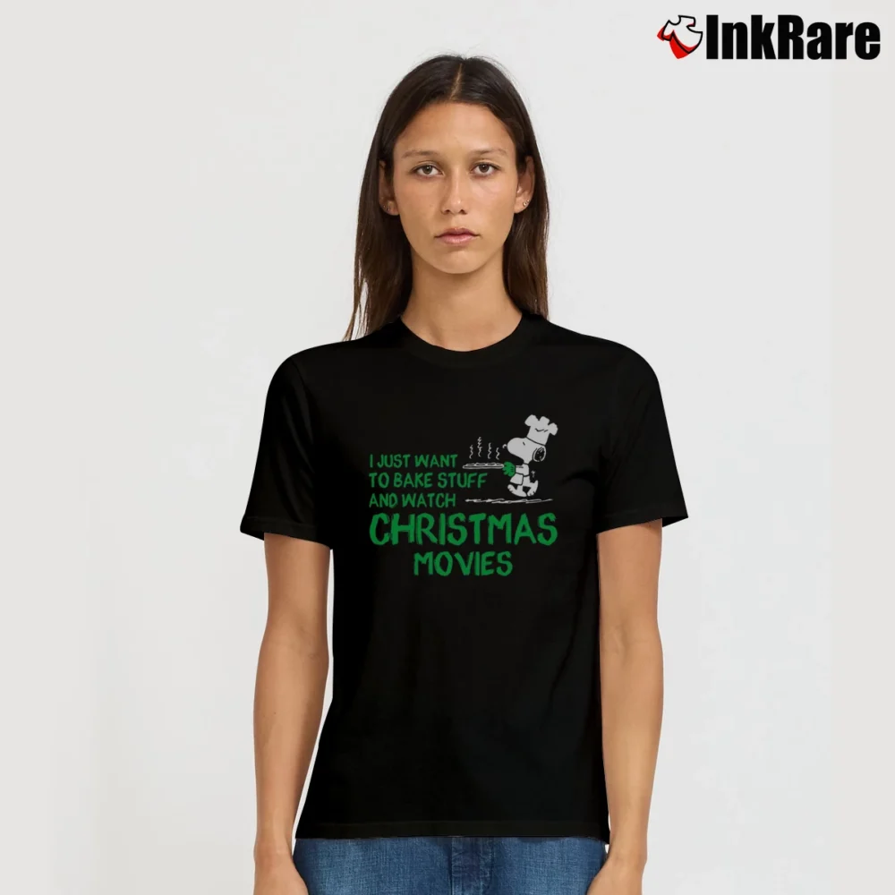 Women’s Snoopy I Just Want To Bake Stuff And Watch Christmas Movies T-Shirt in black | Soft, Flattering Fit