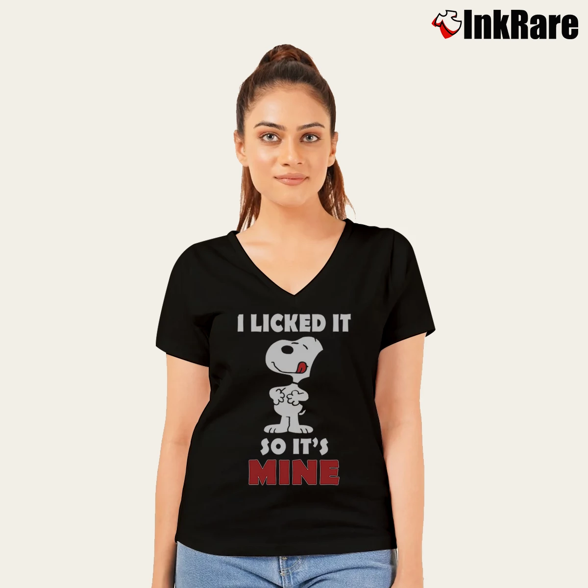 Women’s Snoopy I Licked It So It's Mine V-Neck Tee in black | Chic Neckline, Soft Texture