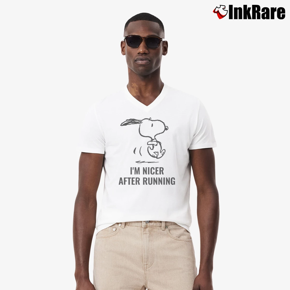 Men’s Snoopy I'M Nicer After Running V-Neck Tee in white | Sharp, Breathable, Everyday Staple