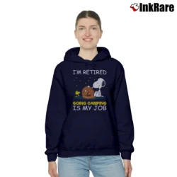 Women’s Snoopy I'm Retired Going Camping Is My Job Cozy Hoodie in navy | Warm, Structured, Stylish