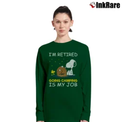 Women’s Snoopy I'm Retired Going Camping Is My Job Long-Sleeve Top in forest green | Sleek, Versatile, All-Season