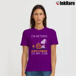 Women’s Snoopy I'm Retired Going Camping Is My Job Signature T-Shirt in purple | Soft, Flattering Fit
