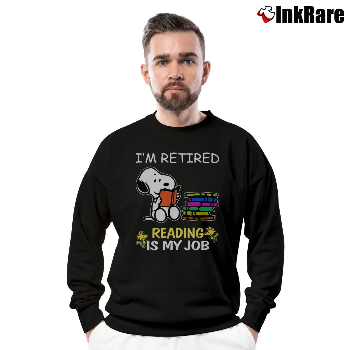 Men’s Snoopy I'm Retired Reading Is My Job Crewneck Sweatshirt in black | Cozy Fabric, Clean Style