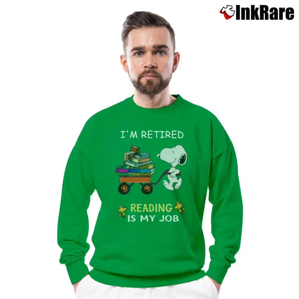 Men’s Snoopy I'm Retired Reading Is My Job Crewneck Sweatshirt in irish green | Cozy Fabric, Clean Style