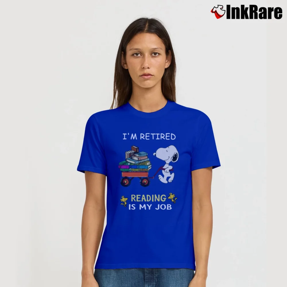 Women’s Snoopy I'm Retired Reading Is My Job Signature T-Shirt in royal blue | Soft, Flattering Fit
