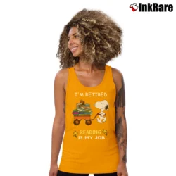 Women’s Snoopy I'm Retired Reading Is My Job Tank Top in orange | Lightweight, Movement-Friendly