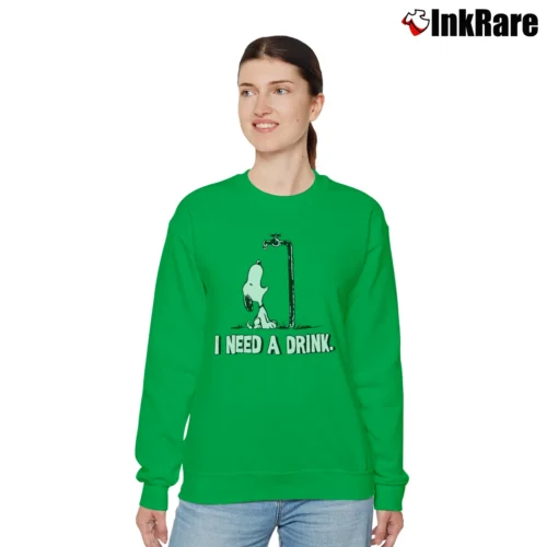 Women’s Snoopy I Need A Drink Relaxed Sweatshirt in irish green | Soft, Laid-Back Vibe