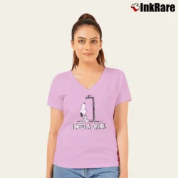 Women’s Snoopy I Need A Drink V-Neck Tee in light pink | Chic Neckline, Soft Texture