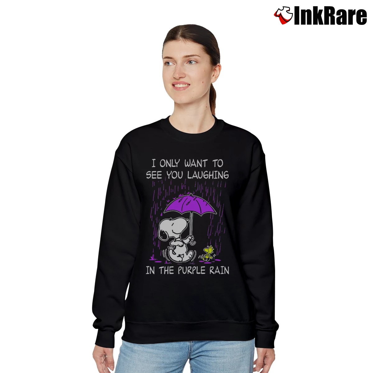 Women’s Snoopy I Only Want To See You Laughing In The Purple Rain Relaxed Sweatshirt in black | Soft, Laid-Back Vibe