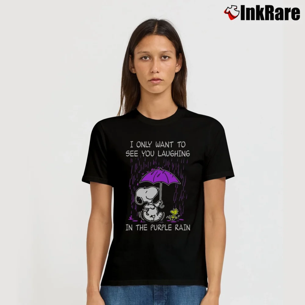 Women’s Snoopy I Only Want To See You Laughing In The Purple Rain T-Shirt in black | Soft, Flattering Fit