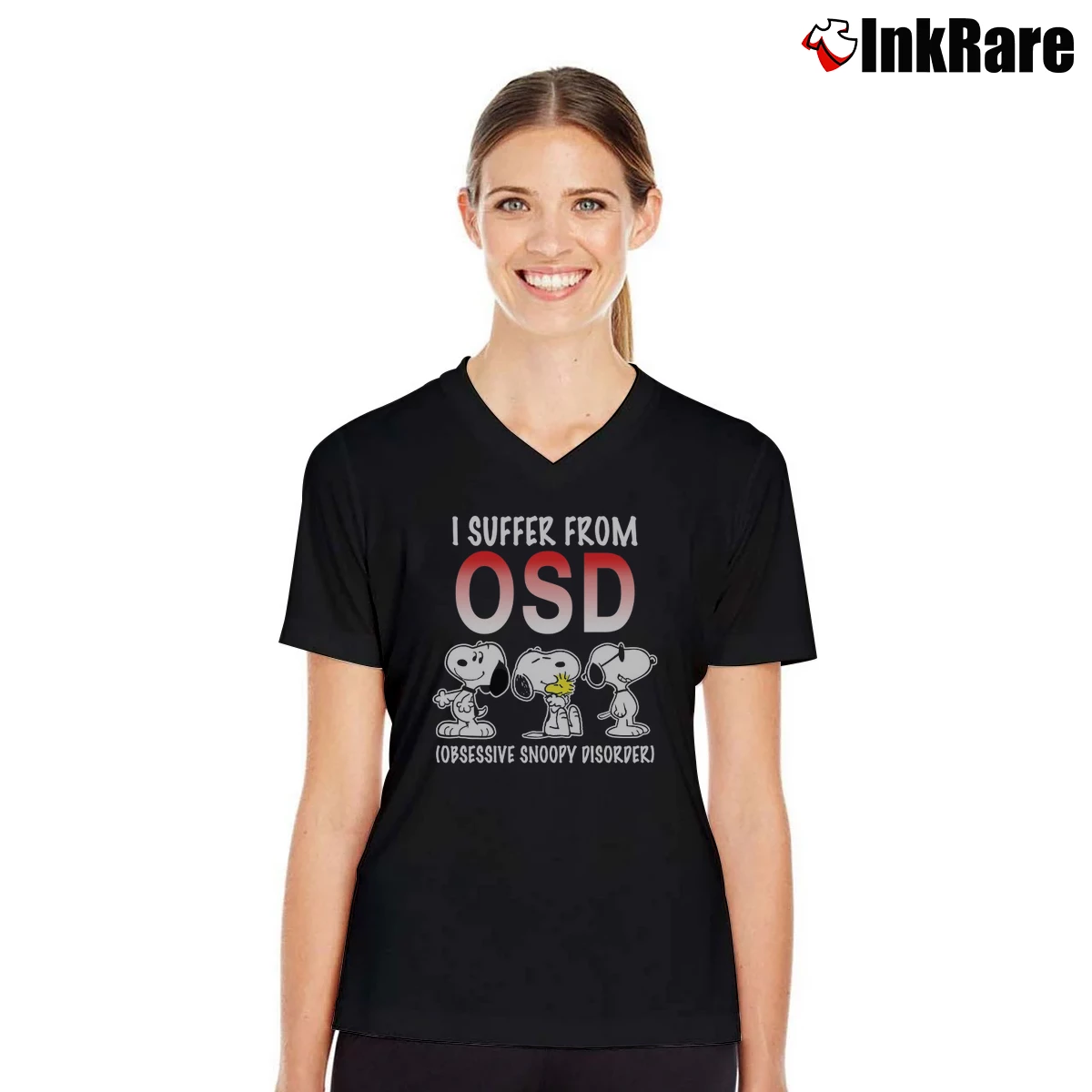 Snoopy I Suffer From Osd Women’s V-Neck Tee in black – Flattering Fit Women’s Snoopy I Suffer From Osd V-Neck Tee in black | Chic Neckline, Soft Texture