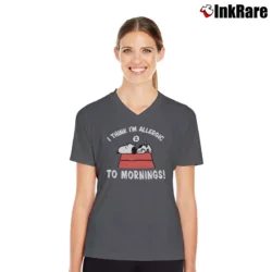 Women’s Snoopy I Think I'm Allergic To Mornings V-Neck Tee in charcoal | Chic Neckline, Soft Texture
