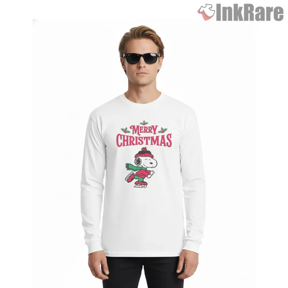 Snoopy Ice Skating Merry Christmas Shirt on white long sleeve shirt for men graphic tee