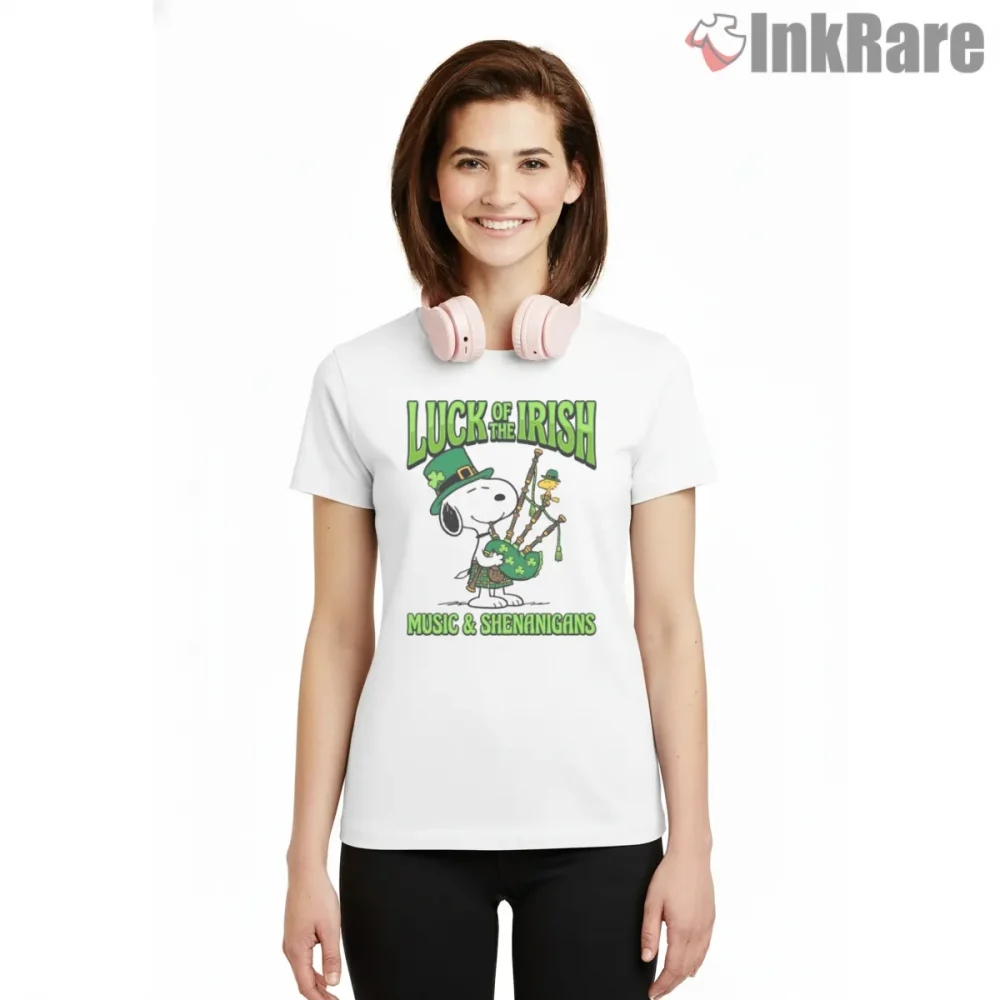Snoopy Irish Bagpipes Kilt St Patricks Shirt on white short sleeve shirt for women graphic tee