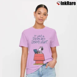 Women’s Snoopy It Was A Dark And Stormy Night Signature T-Shirt in light pink | Soft, Flattering Fit