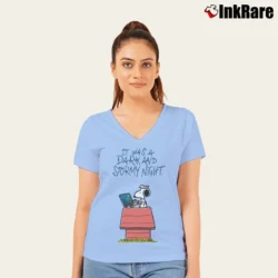 Women’s Snoopy It Was A Dark And Stormy Night V-Neck Tee in light blue | Chic Neckline, Soft Texture