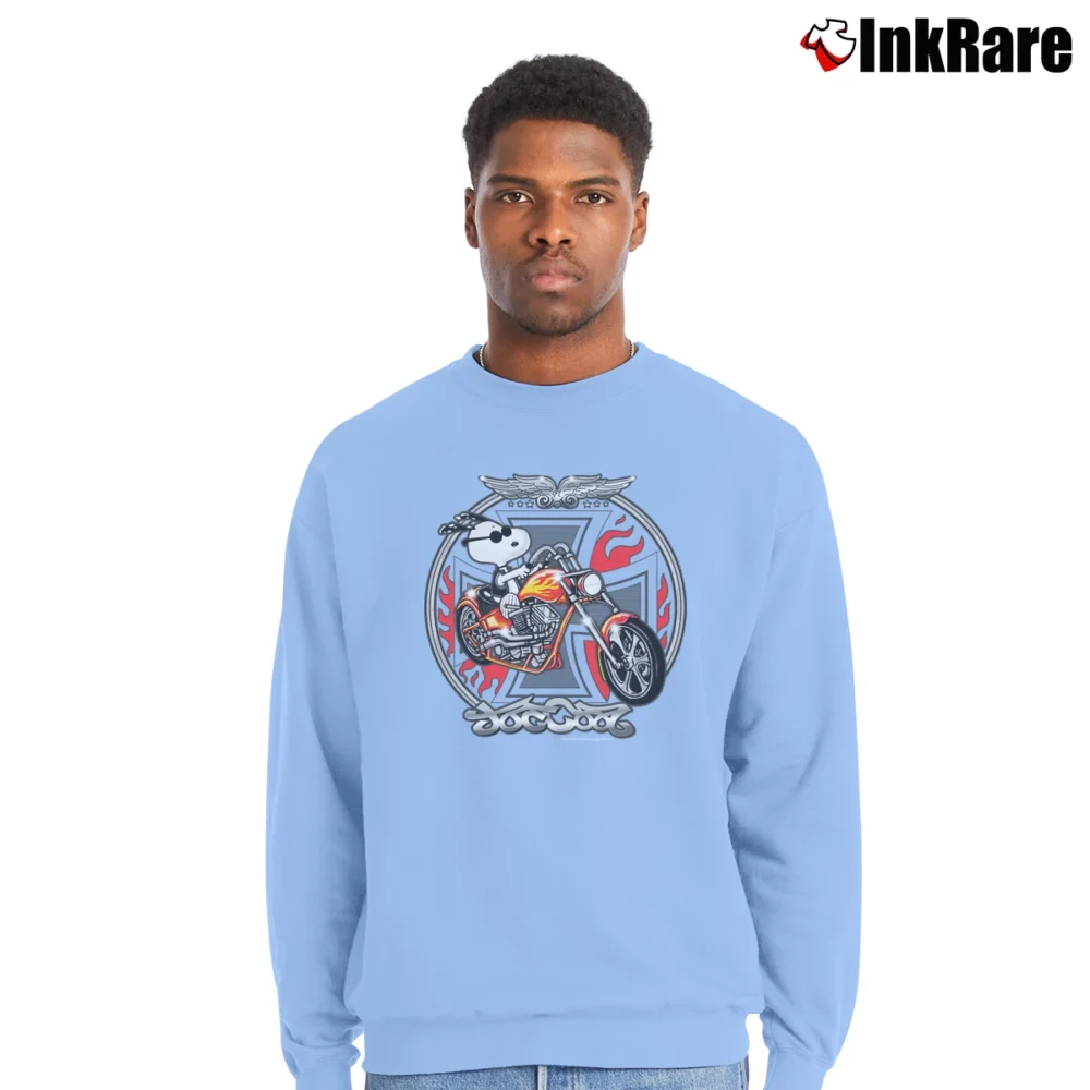 Men’s Snoopy Joe Cool Harley Flames Motorcycle Classic Crewneck Sweatshirt in light blue | Cozy Fabric, Clean Style