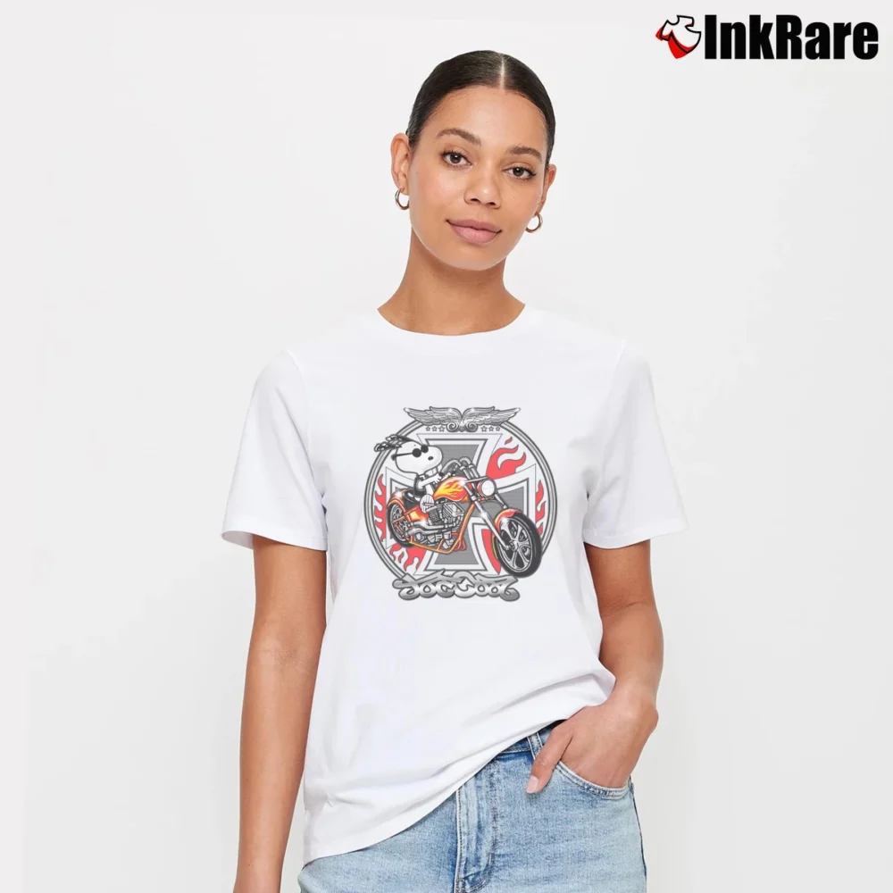 Women’s Snoopy Joe Cool Harley Flames Motorcycle Classic Signature T-Shirt in white | Soft, Flattering Fit