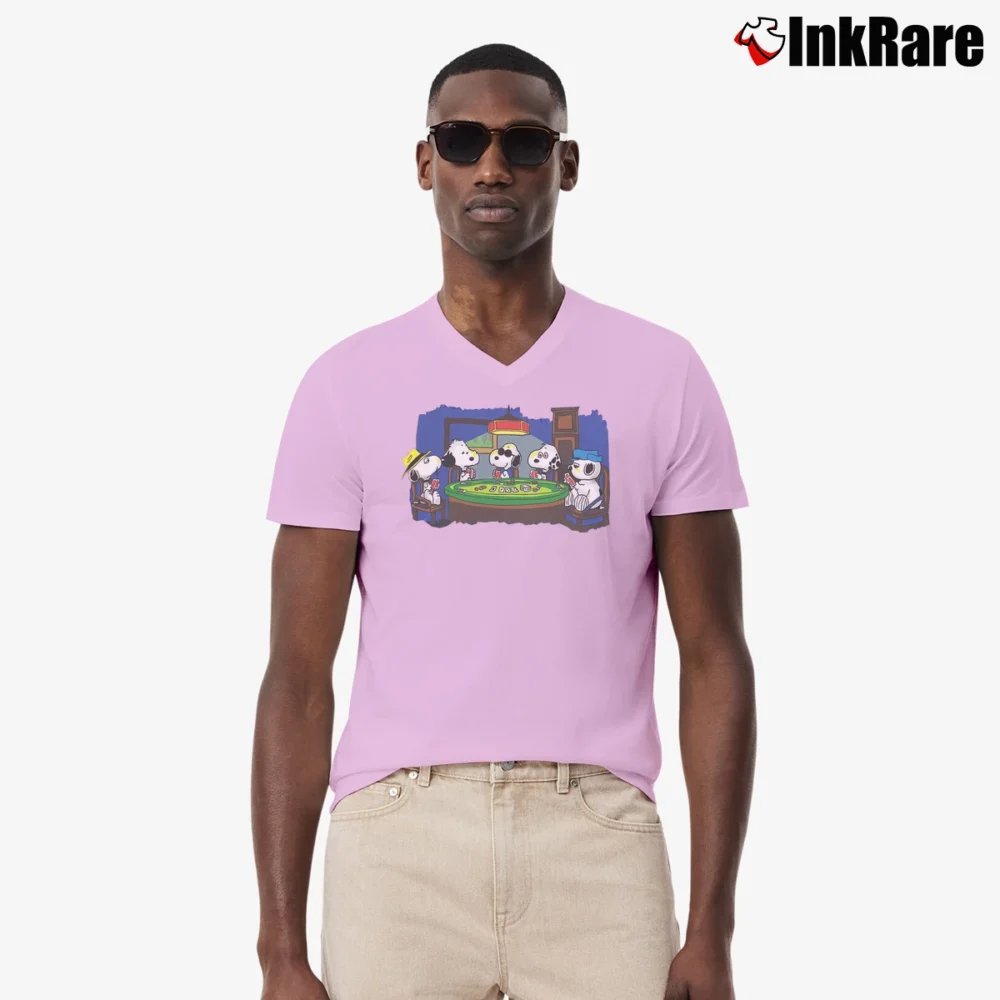 Men’s Snoopy Joe Cool Poker Peanuts V-Neck Tee in light pink | Sharp, Breathable, Everyday Staple