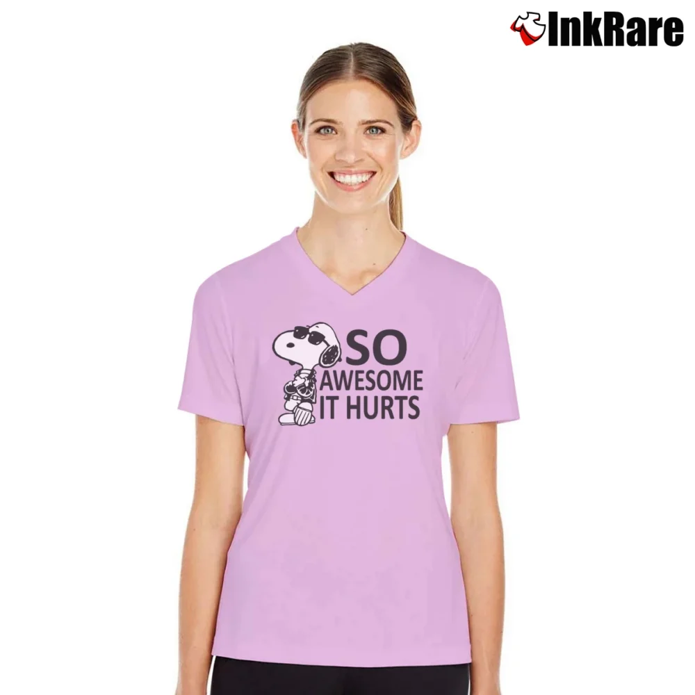 Women’s Snoopy Joe Cool So Awesome It Hurts Classic V-Neck Tee in light pink | Chic Neckline, Soft Texture