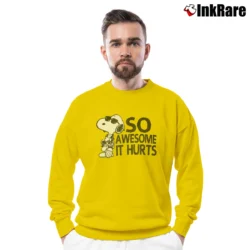 Men’s Snoopy Joe Cool So Awesome It Hurts Distressed Crewneck Sweatshirt in yellow | Cozy Fabric, Clean Style