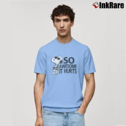Men’s Snoopy Joe Cool So Awesome It Hurts Distressed Classic T-Shirt in light blue | Soft, Breathable Everyday Wear