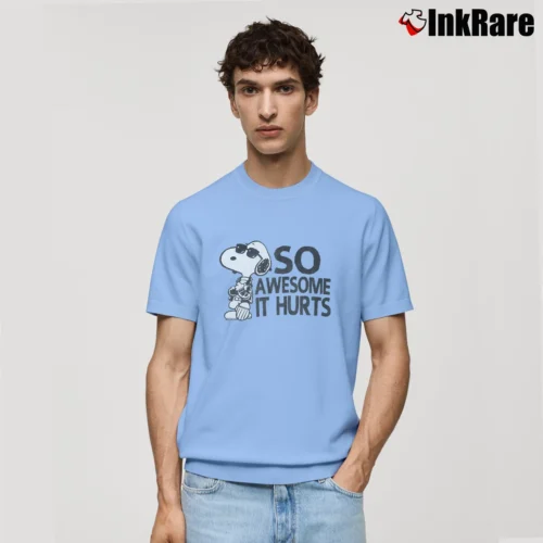 Snoopy Joe Cool So Awesome It Hurts Distressed Men’s Classic Tee in light blue – Premium Comfort Men’s Snoopy Joe Cool So Awesome It Hurts Distressed Classic T-Shirt in light blue | Soft, Breathable Everyday Wear