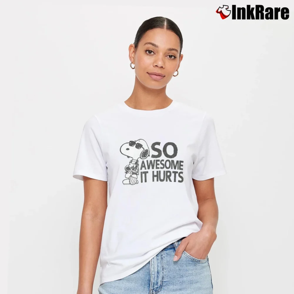 Women’s Snoopy Joe Cool So Awesome It Hurts Distressed Signature T-Shirt in white | Soft, Flattering Fit