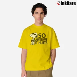 Men’s Snoopy Joe Cool So Awesome It Hurts Distressed Classic T-Shirt in yellow | Soft, Breathable Everyday Wear