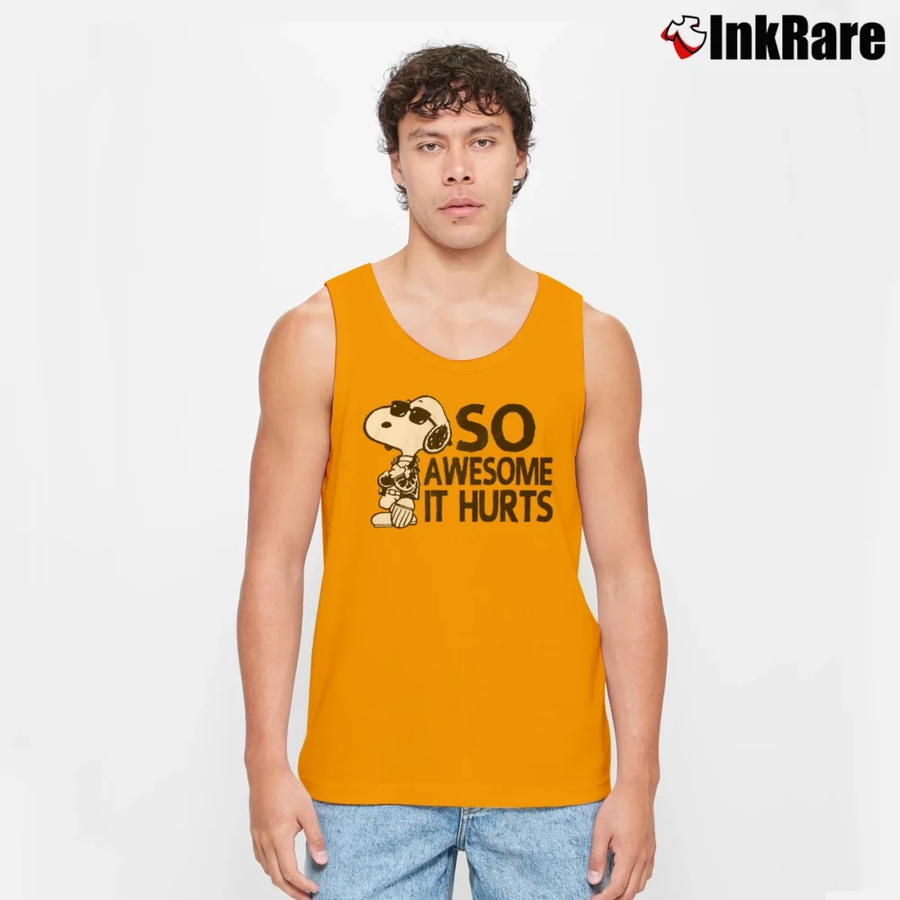 Men’s Snoopy Joe Cool So Awesome It Hurts Distressed Tank Top in orange | Breathable, Active-Friendly Design
