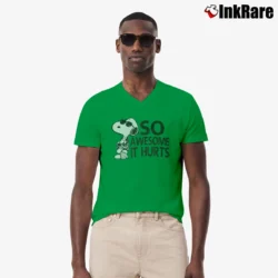Men’s Snoopy Joe Cool So Awesome It Hurts Distressed V-Neck Tee in irish green | Sharp, Breathable, Everyday Staple