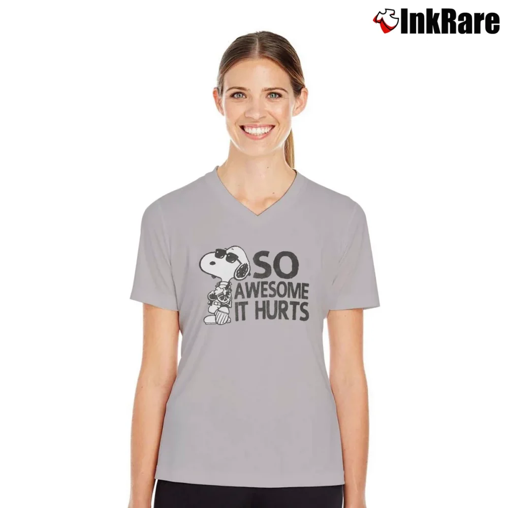 Women’s Snoopy Joe Cool So Awesome It Hurts Distressed V-Neck Tee in sport grey | Chic Neckline, Soft Texture