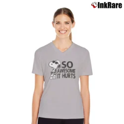 Women’s Snoopy Joe Cool So Awesome It Hurts Distressed V-Neck Tee in sport grey | Chic Neckline, Soft Texture