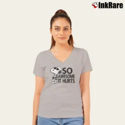 Women’s Snoopy Joe Cool So Awesome It Hurts Distressed V-Neck Tee in sport grey | Chic Neckline, Soft Texture