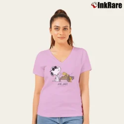 Women’s Snoopy Joe Jazz Peanuts Cartoon V-Neck Tee in light pink | Chic Neckline, Soft Texture