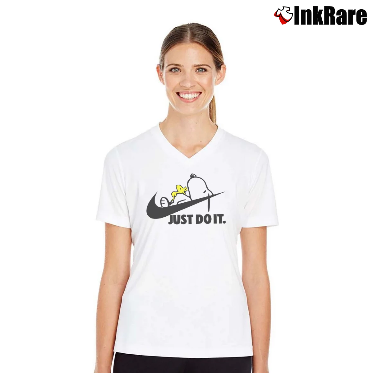 Snoopy Just Do It Later Women’s V-Neck Tee in white – Flattering Fit Women’s Snoopy Just Do It Later V-Neck Tee in white | Chic Neckline, Soft Texture