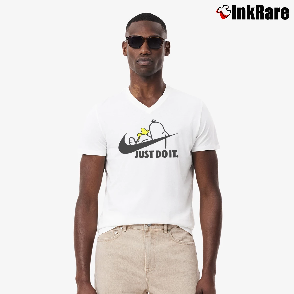 Snoopy Just Do It Later Men’s V-Neck Tee in white – Modern Essential Men’s Snoopy Just Do It Later V-Neck Tee in white | Sharp, Breathable, Everyday Staple