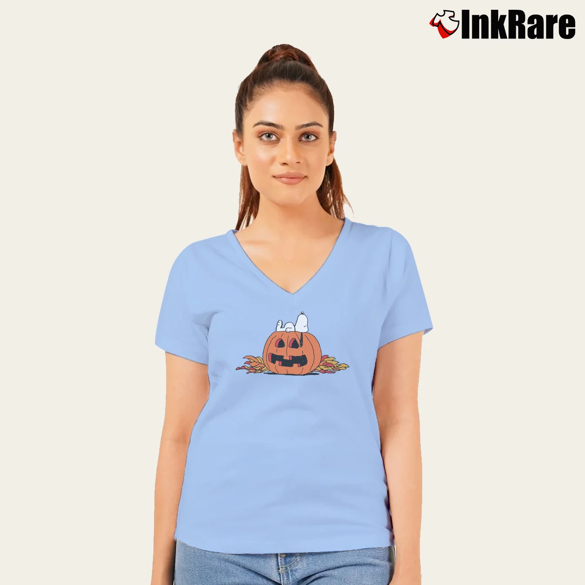 snoopy lantern halloween Women’s V-Neck Tee in light blue – Flattering Fit Women’s snoopy lantern halloween V-Neck Tee in light blue | Chic Neckline, Soft Texture