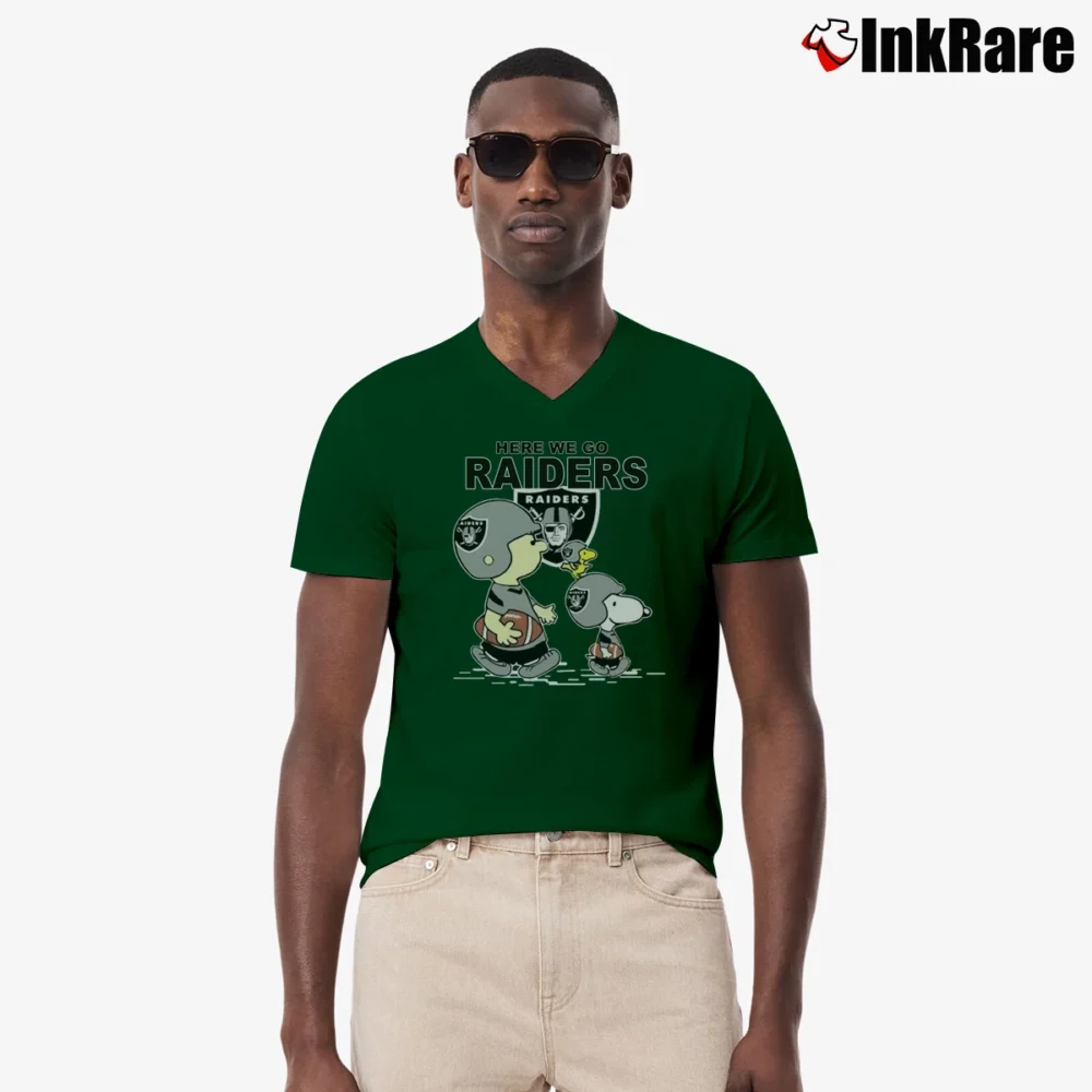 Men’s Snoopy Las Vegas Raiders Here We Go V-Neck Tee in forest green | Sharp, Breathable, Everyday Staple