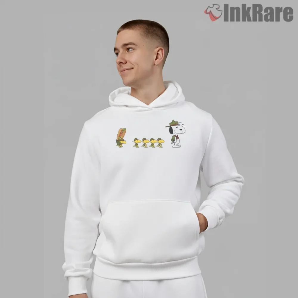 Snoopy Leading Woodstock Scouts Shirt on white hoodie for men graphic tee