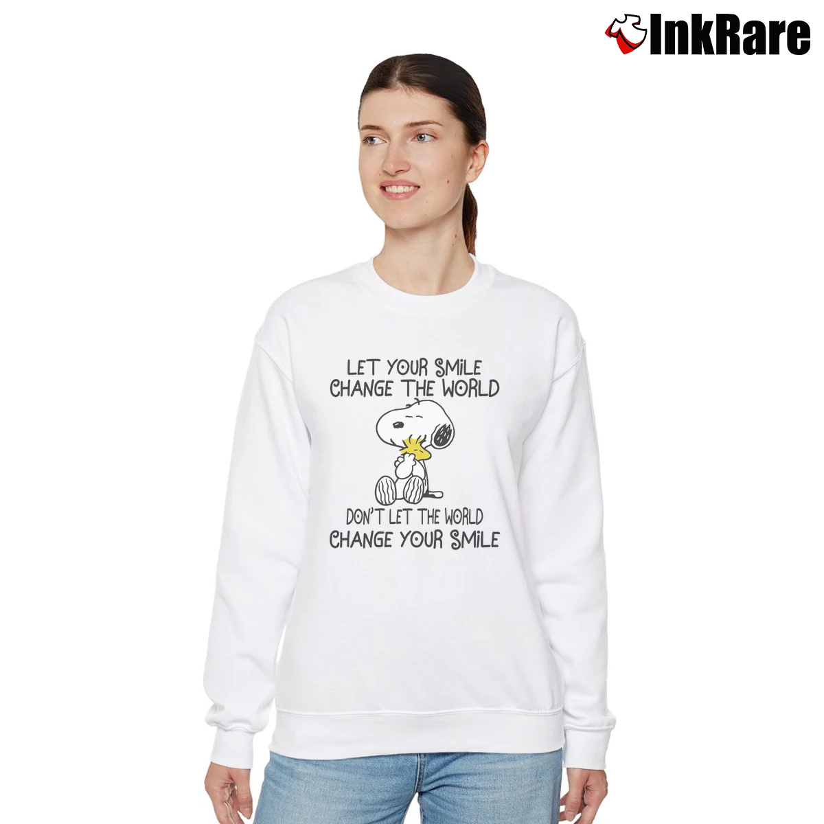 Snoopy Let Your Smile Change The World Don’t Let The World Change Your Smile Women’s Relaxed Sweatshirt in white – Cozy Casual Women’s Snoopy Let Your Smile Change The World Don't Let The World Change Your Smile Relaxed Sweatshirt in white | Soft, Laid-Back Vibe
