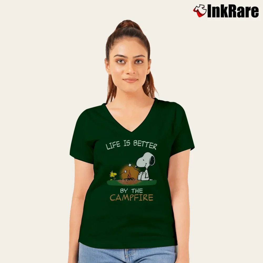 Women’s Snoopy Life Is Better By The Campfire V-Neck Tee in forest green | Chic Neckline, Soft Texture