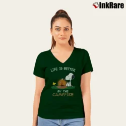 Women’s Snoopy Life Is Better By The Campfire V-Neck Tee in forest green | Chic Neckline, Soft Texture