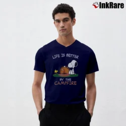 Men’s Snoopy Life Is Better By The Campfire V-Neck Tee in navy | Sharp, Breathable, Everyday Staple