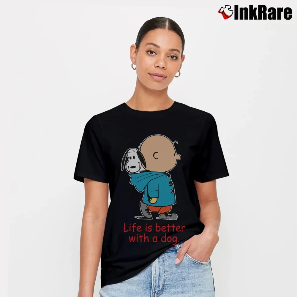 Women’s Snoopy Life Is Better With A Dog Peanuts Classic Signature T-Shirt in black | Soft, Flattering Fit
