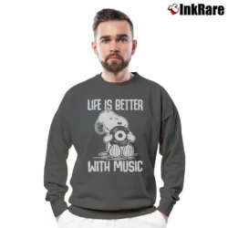 Men’s Snoopy Life Is Better With Music Crewneck Sweatshirt in charcoal | Cozy Fabric, Clean Style