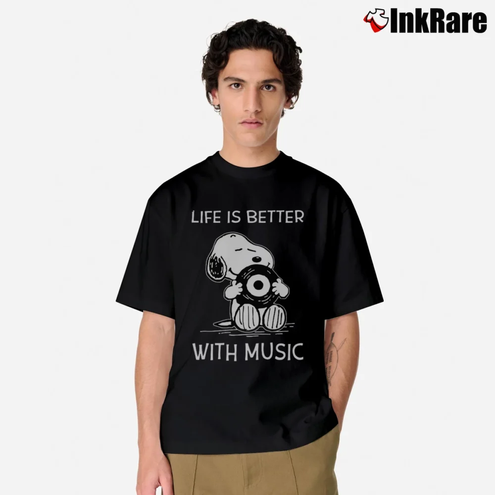 Men’s Snoopy Life Is Better With Music Classic T-Shirt in black | Soft, Breathable Everyday Wear