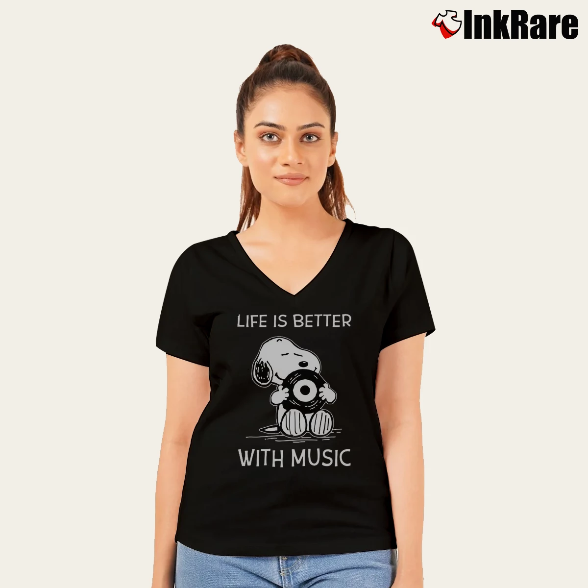 Women’s Snoopy Life Is Better With Music V-Neck Tee in black | Chic Neckline, Soft Texture