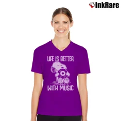 Women’s Snoopy Life Is Better With Music V-Neck Tee in purple | Chic Neckline, Soft Texture