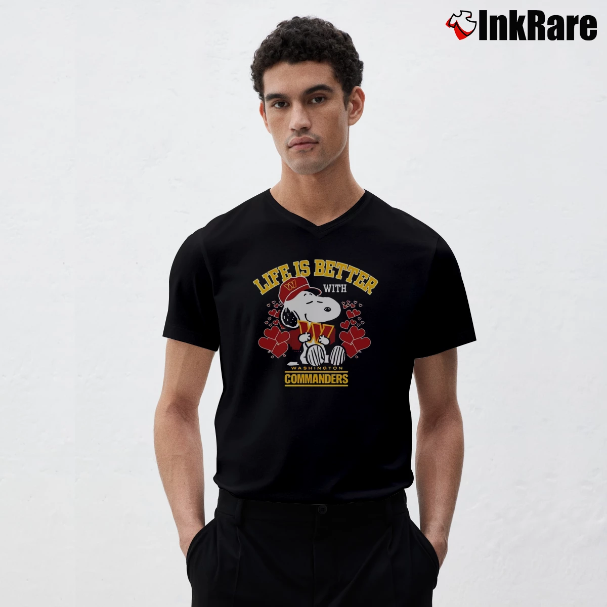 Snoopy Life Is Better With Washington Commanders Men’s V-Neck Tee in black – Modern Essential Men’s Snoopy Life Is Better With Washington Commanders V-Neck Tee in black | Sharp, Breathable, Everyday Staple